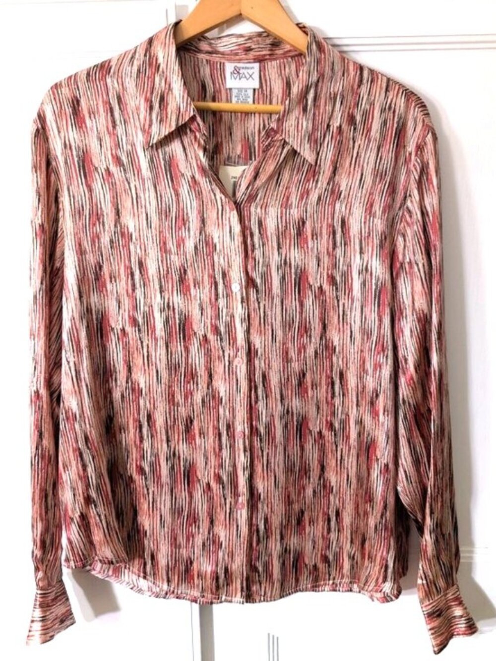 Madison 100% Silk Vertical Brushed Stripe Patterned Button-Down Shirt Size 14